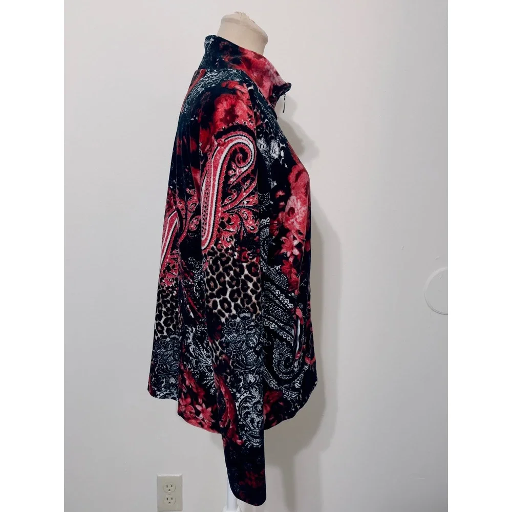Onque Casual Jacket XL Paisley Leopard Print Red Black Mock Neck Gothic Romantic
